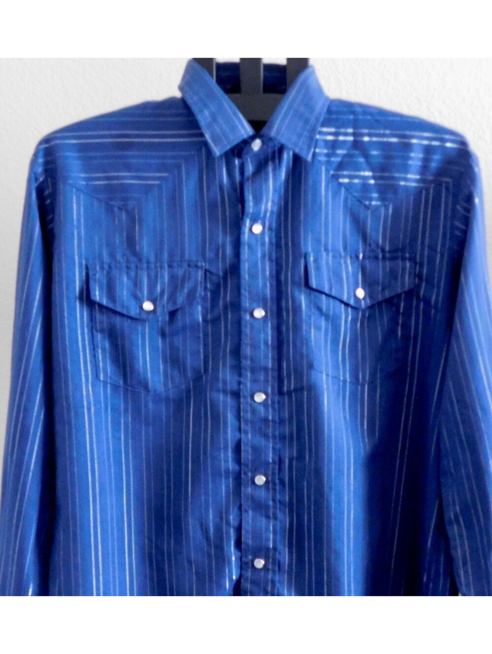Karman Gold Collection Men's Western Snap Shirt Blue Metallic Stripe Vintage L - Picture 2 of 3